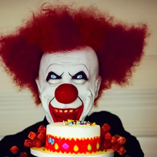 Image similar to photo of an evil clown holding a birthday cake