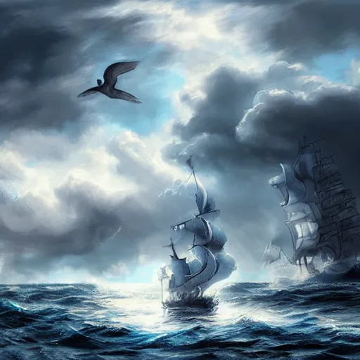 Prompt: pirate ship from one piece sailing, dynamic sky, storm sky, with light piercing through stormy clouds, birds near the ship, rough sea, crepuscular rays, volumetric lighting, pixiv art, cgsociety, highly detailed