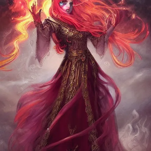 Image similar to Fantastic, fairytale, portrait, painting, beautiful!, female mage!, long flowing red hair, flames emitting from fingertips, ornate gown, smoldering, serious, royalty kingdom, royal court, hyperreal, photoreal painting, dungeons and dragons