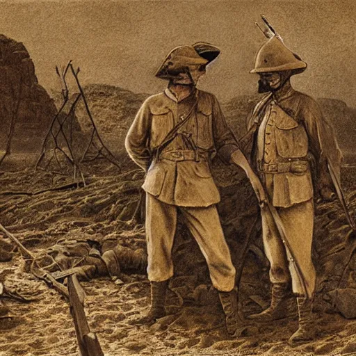 Image similar to ultra detailed photorealistic sepia - toned painting from 1 9 1 7, three british soldiers standing at an archaeological dig site in wadi rum, ultra realistic, painted, intricate details, lovecraft, atmospheric, dark, horror, brooding, highly detailed, by clyde caldwell