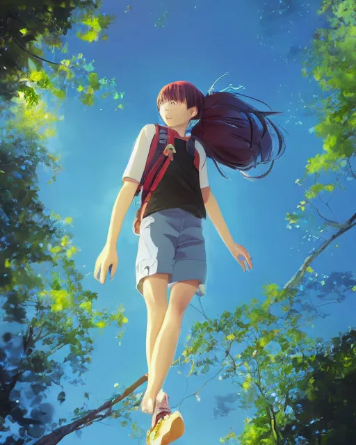 Prompt: a girl wearing a backpack standing in a path on her tiptoes looking up and around. Trees, shady, bob hairstyle. Vibrant colors. Anime, by Makoto Shinkai, Stanley Artgerm Lau, WLOP, Rossdraws, James Jean, Andrei Riabovitchev, Marc Simonetti, krenz cushart, Sakimichan, trending on ArtStation, digital art.