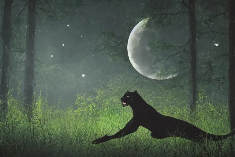 Prompt: a panther roaring in a forest during the night, large moon in the center. high quality. illustration. 4 k. cinematic. photoreal. highly detailed. dramatic. darkness. moon.