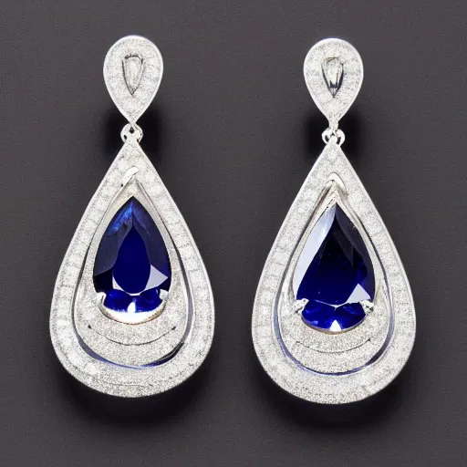 Prompt: front and side views of platinum tear drop sapphire diamond earrings