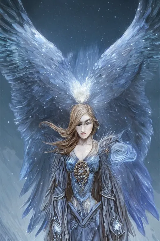 Image similar to blue wolf with wings, standing facing front, regal, elegant, winter, snow, moonlit, hd, illustration, epic, d & d, fantasy, intricate, elegant, highly detailed, digital painting, artstation, concept art, smooth, sharp focus, illustration, wallpaper, art by artgerm and greg rutkowski and alphonse mucha and jin xiaodi