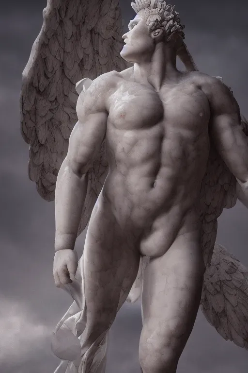 Image similar to photo of fullbody rococo delicate sculpture of a hulking herculean muscular onyx albino marble brock lesnar as an humanoid deity, clothed in silk, wings, sunrays, cinematic lighting, photorealistic, octane render, 8 k, depth of field, 3 d