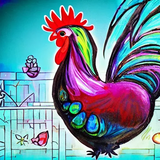 Prompt: a painted Easter egg imagining becoming a chicken imagined by a iridescent rooster imagined by a cat laying half asleep on the windowsill as a mentally ill geek girl reads the cat's thoughts of the iridescent rooster imagining a beautiful painted Easter egg imagining turning into a chicken. 16K. epically surreally epic image. 20 GPU hours spent rendering amazing detail. vivid clarity. ultra shadowing. graphic novel page.