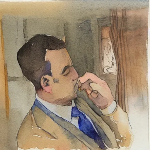 Prompt: intricate watercolor painting of a man tying his tie while looking in the mirror, somber, soft colors