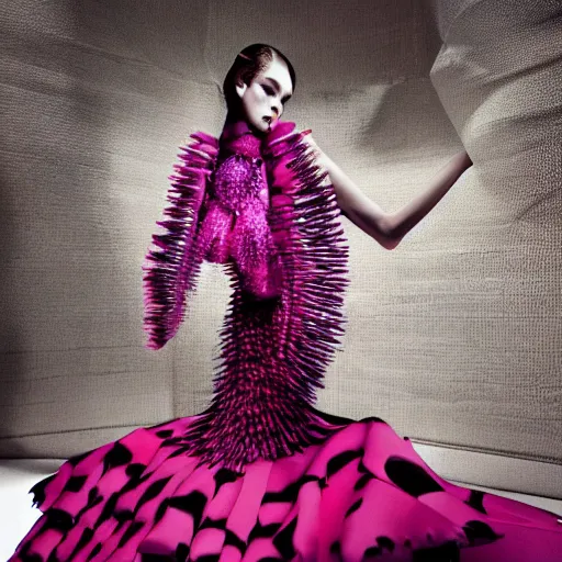 Prompt: photo from below of a fashion model, luxury dress inspired by dragon fruit, official dior editorial, highly detailed