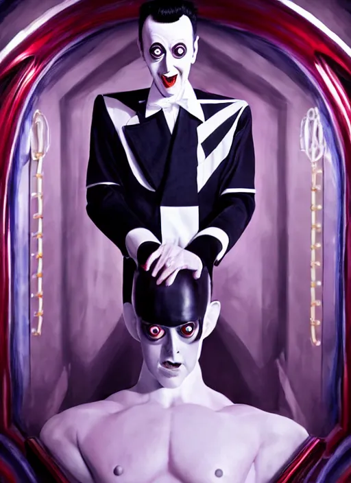 Image similar to photo of klaus nomi in a funhouse in the style of stefan kostic, realistic, professionally, professionally color graded, half body shot, sharp focus, 8 k high definition, insanely detailed, intricate, elegant, art by stanley lau and artgerm
