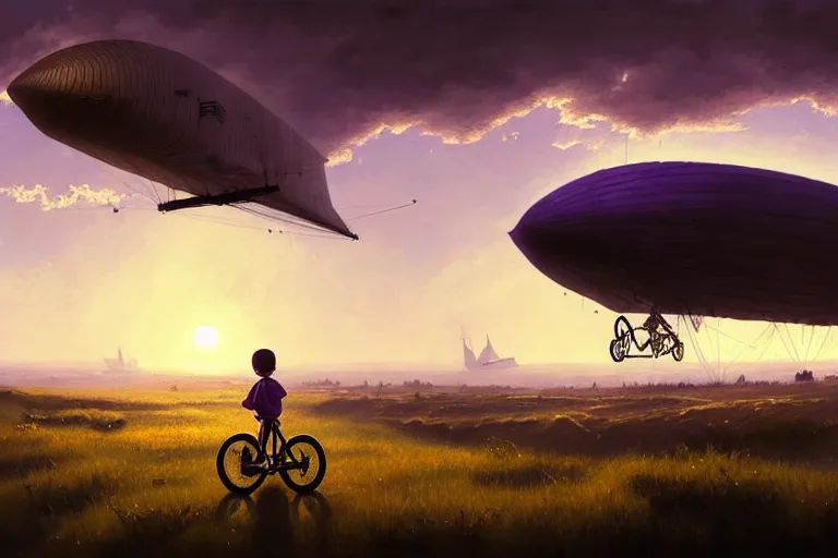 Image similar to kid rides a bicycle waving good bye to the airship at sunset, in the style of greg rutkowski, intricate and epic composition, purple by caravaggio, insanely quality, highly detailed, masterpiece, purple light, artstation, 4 k