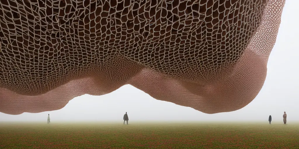 Image similar to white honeycomb organic building by ernesto neto sits on the field in low fog, light - mint with light - pink color, 4 k, insanely quality, highly detailed, film still from the movie directed by denis villeneuve with art direction by zdzisław beksinski, telephoto lens, shallow depth of field