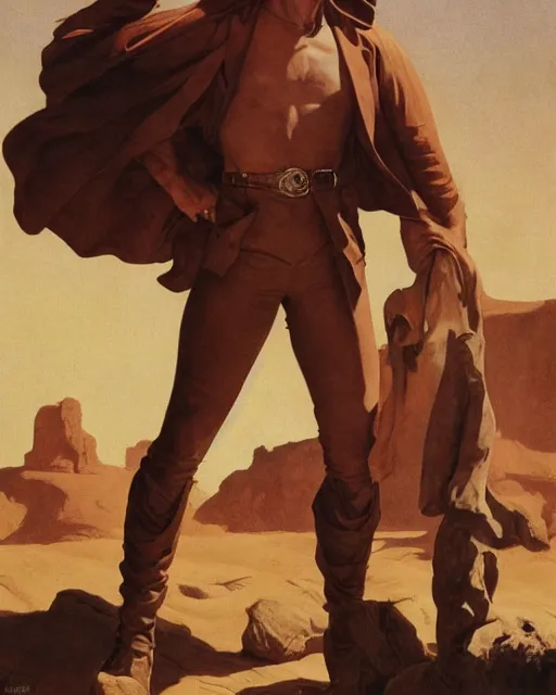 Image similar to doc savage in the desert wearing jodhpers and knee high boots, fantasy character portrait, ultra realistic, concept art, intricate details, highly detailed by soft light, volumetric light, misty, william adolphe bouguereau, munch, maxfield parrish, james bama, and frank frazetta