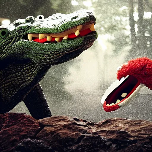 Prompt: hyperrealistic dslr film still of alligator eating elmo, stunning 8 k octane comprehensive 3 d render, inspired by istvan sandorfi & greg rutkowski & unreal engine, perfect symmetry, dim volumetric cinematic lighting, extremely hyper - detailed, extremely lifelike attributes & lifelike texture, intricate, masterpiece, artstation, stunning