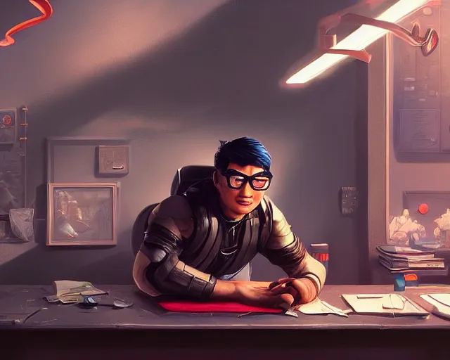 Image similar to an insanely detailed painting of a nerdy asian man wearing a superhero costume, sitting at a desk, staring at the nervously at the computer and typing, in the style of peter mohrbacher, dramatic lighting and composition, octane render, pixar, trending on artstation, concept art, comic book, view from behind