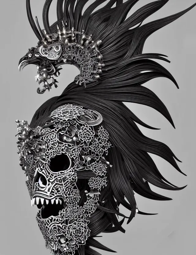 Image similar to 3 d goddess close - up profile skull biohazard portrait with crown, ram skull. beautiful intricately detailed japanese crow kitsune mask and clasical japanese kimono. betta fish, jellyfish phoenix, bio luminescent, plasma, ice, water, wind, creature, artwork by tooth wu and wlop and beeple and greg rutkowski