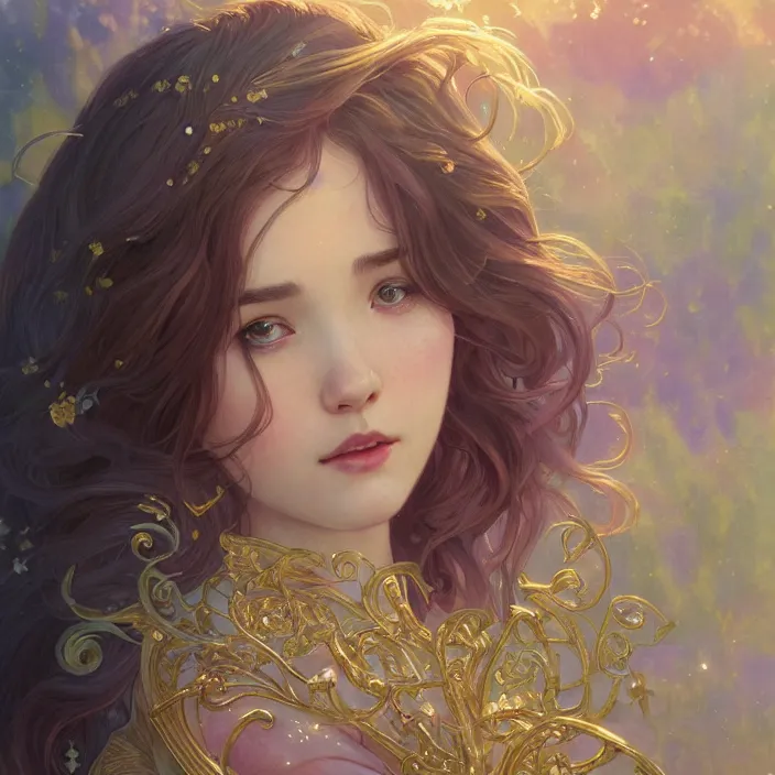 Image similar to iu close up, highly detailed, gold filigree, romantic storybook fantasy, soft cinematic lighting, award, disney concept art watercolor illustration by mandy jurgens and alphonse mucha and alena aenami, pastel color palette, featured on artstation