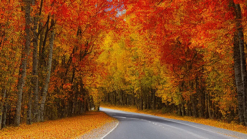 Prompt: a photograph of a country road!! lined on both sides by maple and poplar trees, in the autumn, red orange and yellow leaves, some leaves have fallen and are under the trees and on the road