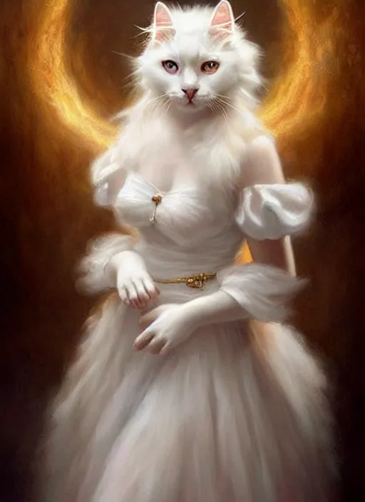 Prompt: a beautiful fluffy white cat with baroque dress, painted by artgerm and tom bagshaw, fantasy art, dramatic lighting, highly detailed oil painting