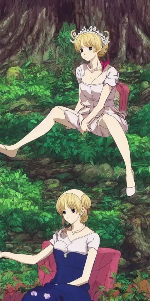 Image similar to a single queen sitting by herself on a sofa in a forest, drawn by CloverWorks, elegant, beauty, nurturing