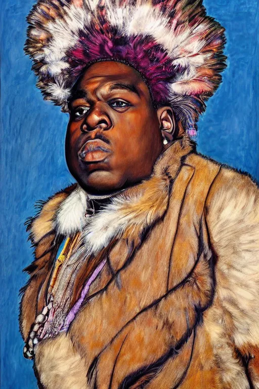 Image similar to a portrait of biggie smalls wearing boho - chic style clothes, with plumes, feathers and fur muffler, full body!!, realistic painting in egon schiele style, masterpiece, hyperdetailed, complex, intricate, 4 k, trending on artstation