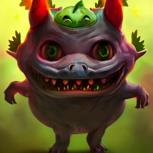 Image similar to terrifying aesthetic portrait of bulbasaur, nightmare, teeth, demonic, hyperrealistic, super cute, character design, artstation, 4 k, ultra detailed digital art