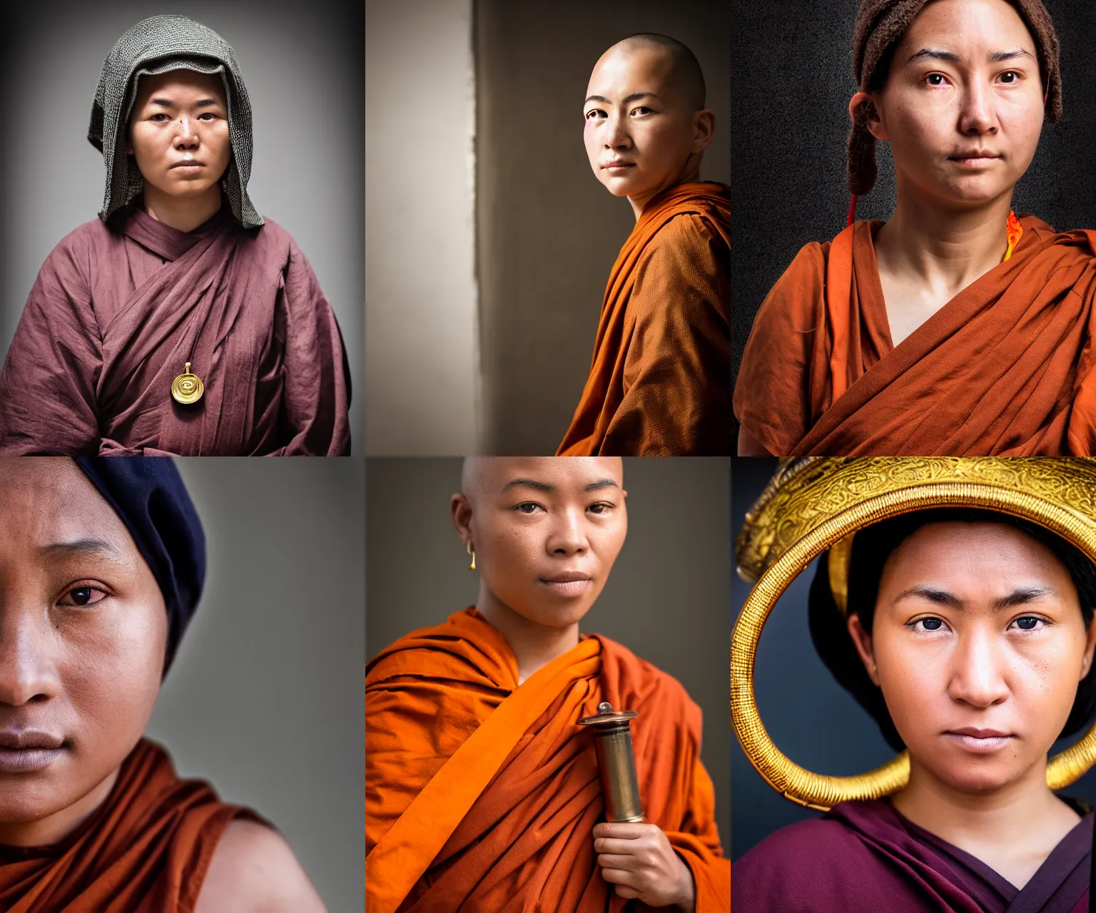 Prompt: closeup headshot photo of a female apprentice monk, brass bell background and photography by Gregory Crewdson, 8k details, Nikon D850, f/5.6, ISO 100