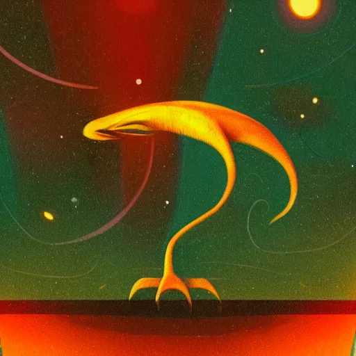 Image similar to a small creature sitting on a perch. in the style of 70s sci-fi illustration. psychedelic. other worldly.