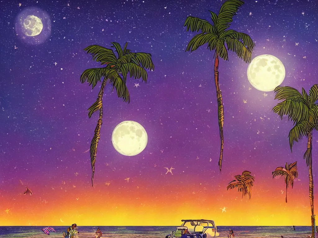 Image similar to night on a summer miami beach, city on the background, palm trees, footprints in the sand, full moon reflected in the calm ocean, starry sky 8 k, ultra detailed, trending on artstation, digital painting, synthwave style