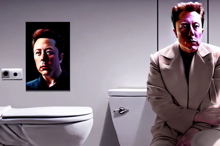 Image similar to hyperrealism aesthetic ridley scott and denis villeneuve style photography of a detailed hyperrealism elon musk, siting on a detailed hyperrealism toilet and scrolling his detailed smartphone in hyperrealism scene from detailed art house movie in style of alejandro jodorowsky and wes anderson