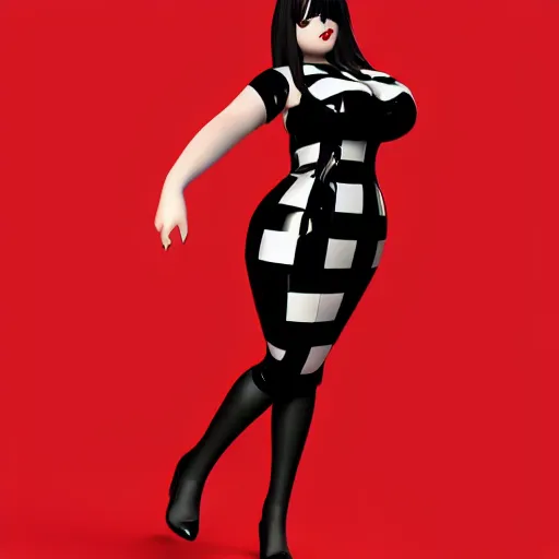 Image similar to curvy feminine hot goth woman with elegant red-black checkered latex dress, cgsociety, photorealistic, sublime-comfy-elegant ambience, 16k, smooth, sharp focus, trending on ArtStation, volumetric lighting, fully clothed, worksafe