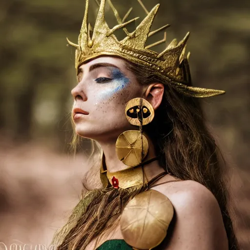 Image similar to A profile of a beautiful elf queen wearing three concentric crowns, golden hair, freckles, war paint, stunning makeup, serious stern look, forest background, magical glowing earrings, incredible detail, professional digital art, Sigma 85mm f/1.4, 4k