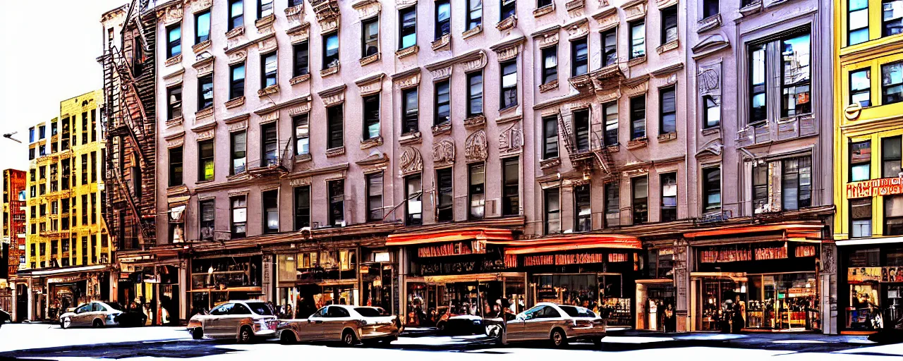 Prompt: building facade. storefronts. city block. new york. digital art