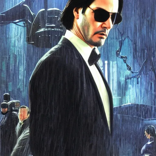 Image similar to Keanu Reeves in Matrix, highly detailed, digital painting, artstation, concept art, smooth, sharp focus, illustration, ArtStation, art by artgerm and greg rutkowski and alphonse mucha and J. C. Leyendecker and Edmund Blair Leighton and Katsuhiro Otomo and Geof Darrow and Phil hale and Ashley wood and Ilya repin and Charlie Bowater