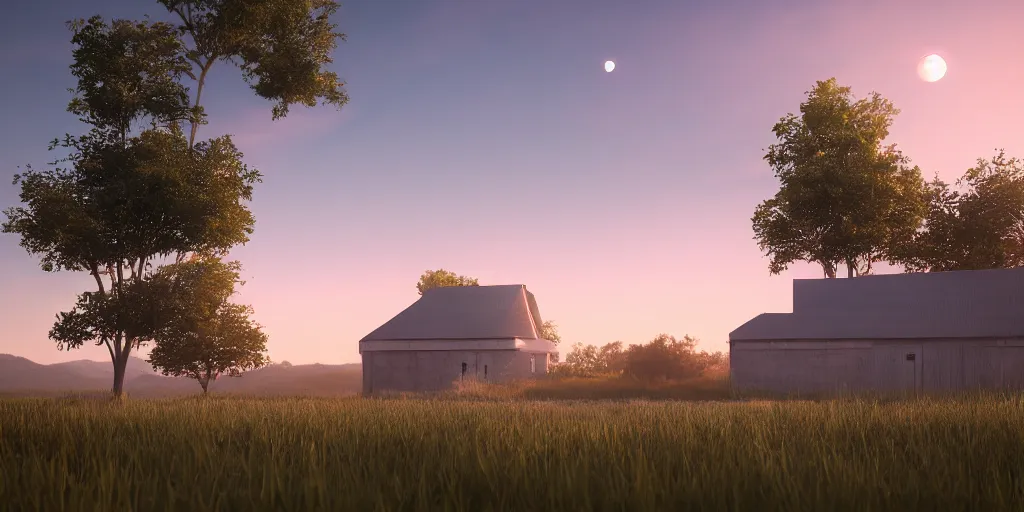 Prompt: a serene landscape with a singular building at sunrise with a big jupiter appearing in the sky, digital art, concept art, octane render, unreal engine 5, hyperrealistic, highly detailed, high quality, 4K, low contrast, soft lighting, path tracing, complementary colors, natural lighting, geometric