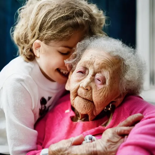 Prompt: a little girl hugging her grandma