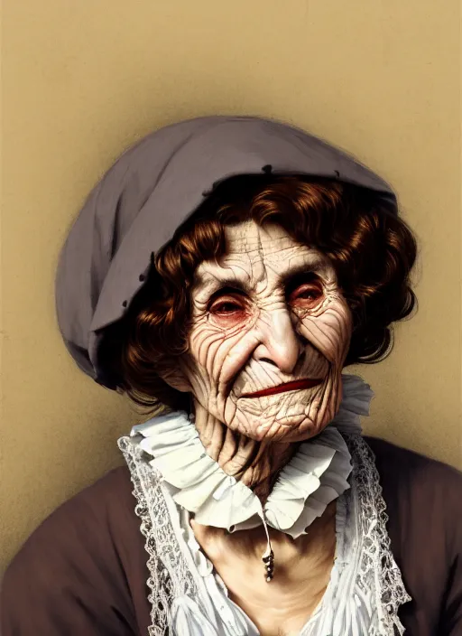 Image similar to a portrait of an old italian woman with a crooked nose in victorian clothing, confident pose, intricate, elegant, sharp focus, illustration, highly detailed, concept art, matte, trending on artstation, anime, art by james jean and artgerm and brian despain and alberto mielgo, greg rutkowski, wlop, ilya kuvshinov, strong strokes