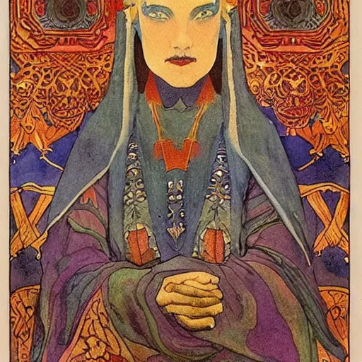 Prompt: the lantern crown, by Annie Swynnerton and Nicholas Roerich and (Edmund Dulac), embroidered brocade, tattoos, elaborate costume, geometric ornament, symbolist, rich colors, dramatic lighting, smooth, sharp focus, extremely detailed