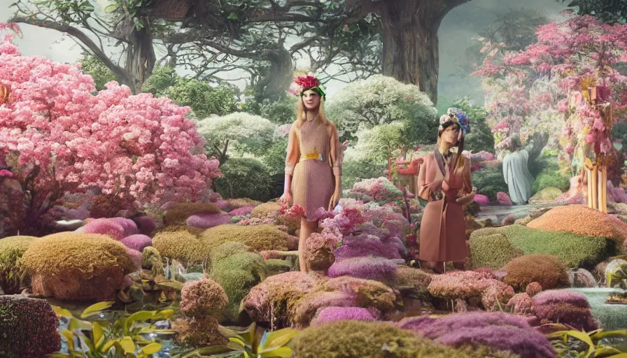 Image similar to , movie still by wes anderson of a beautiful girl wearing gucci exploring a magical japanese garden of flowers, glowing temple in the distance, floating magical deity heads with gucci headdresses, miniature cities, cinestill 8 0 0 t eastmancolor technicolor, high quality, very detailed, heavy grain, fine facial features, 8 k, octane render