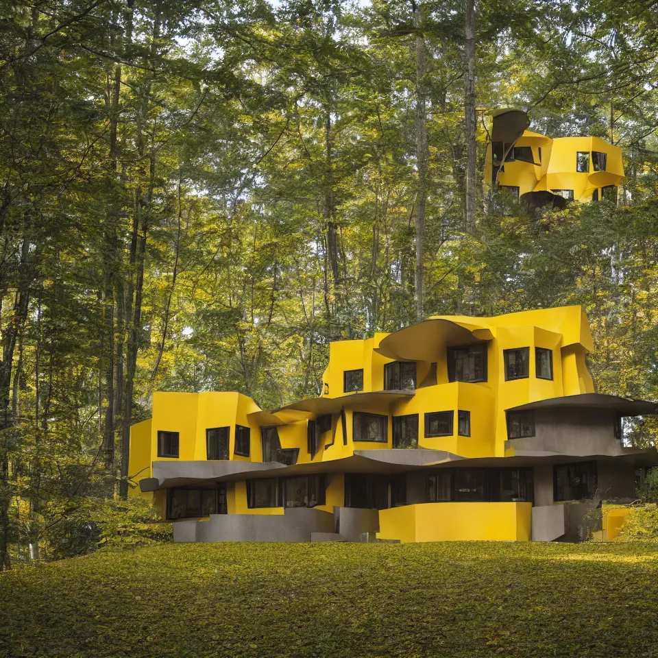 Image similar to architecture ad for a 1 story mid-century modern house in the middle of the forest, designed by Frank Gehry. Film grain, cinematic, yellow hue