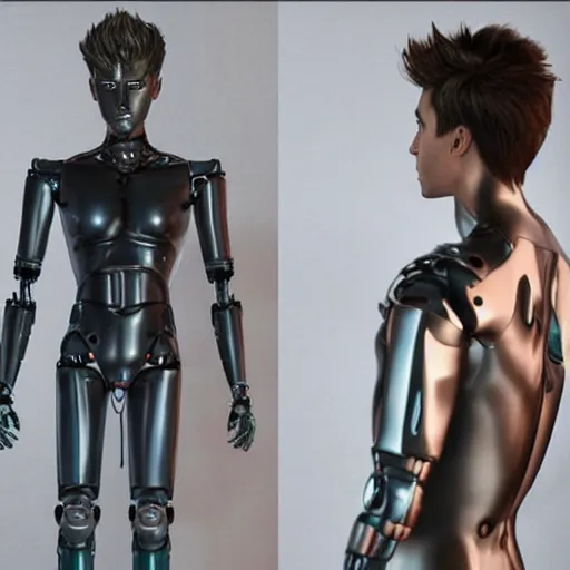 Image similar to “a realistic detailed photo of a guy who is an attractive humanoid who is half robot and half humanoid, who is a male android, twitch streamer Ninja Tyler Blevins, shiny skin, posing like a statue, blank stare, gaming room”