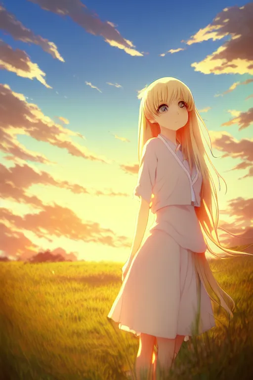 Anime, Young Female, Long Blonde Hair and Large Eyes, Golden Hour Sunset  Lighting Poster 