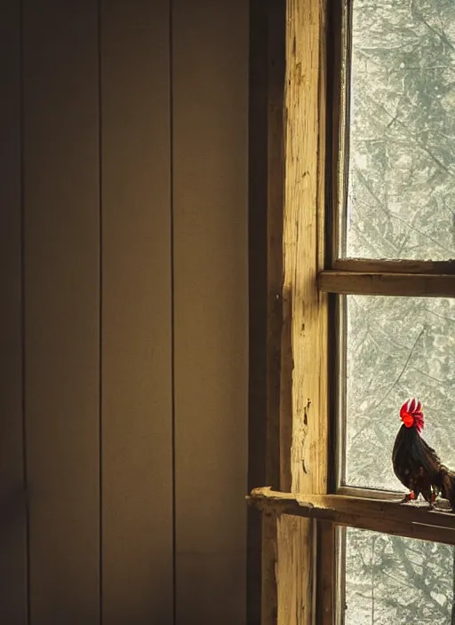 Prompt: a film production still, 2 8 mm, wide shot of a cabin interior, rooster, wooden furniture, cobwebs, spiderwebs, window light illuminates dust in the air, abandoned, depth of field, cinematic