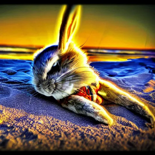 Image similar to Photo of Bugs Bunny laying on the beach, photography, HDR