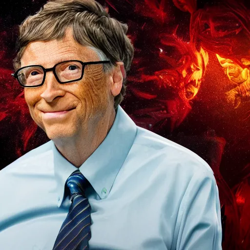 Image similar to bill gates fights demons, highly detailed, 8 k, masterpiece, super resolution.