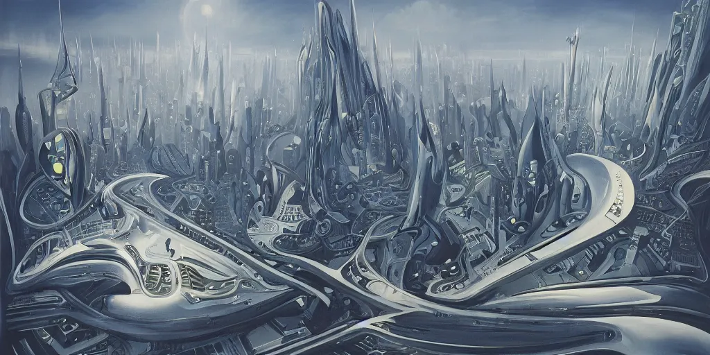 Image similar to a beautiful painting of city landscape, zaha hadid, fantasy, futuristic, by yves tanguy, trending on artstation