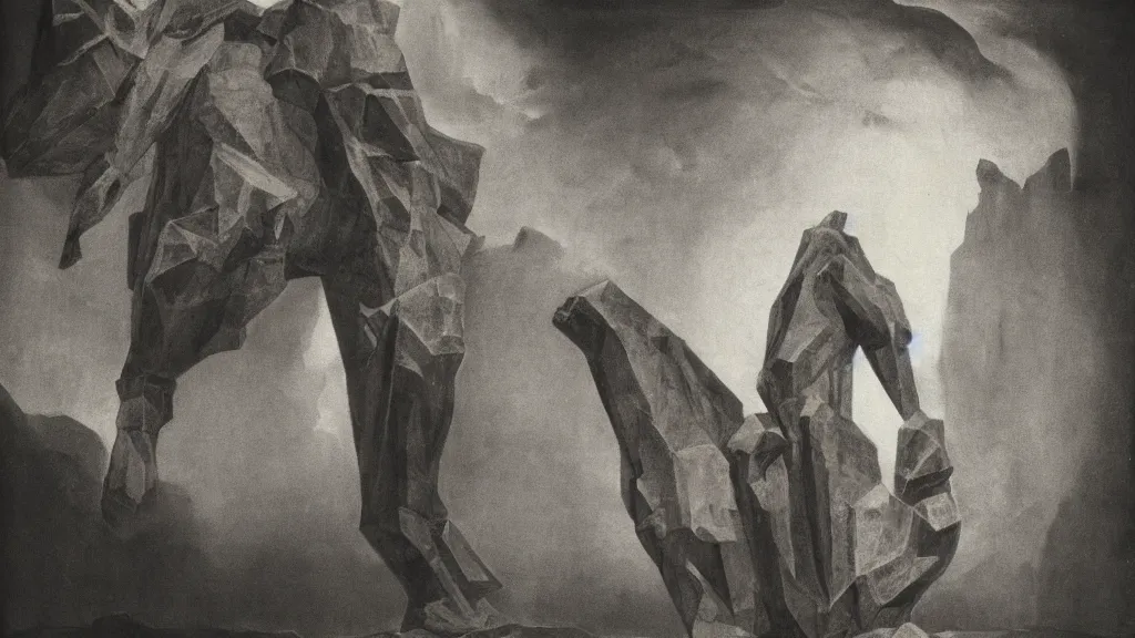 Image similar to a medieval chiaroscuro lithograph of a colossal sculpture by kurt seligmann and edward steichen, enormous creatures augment my desire coming out of a fog