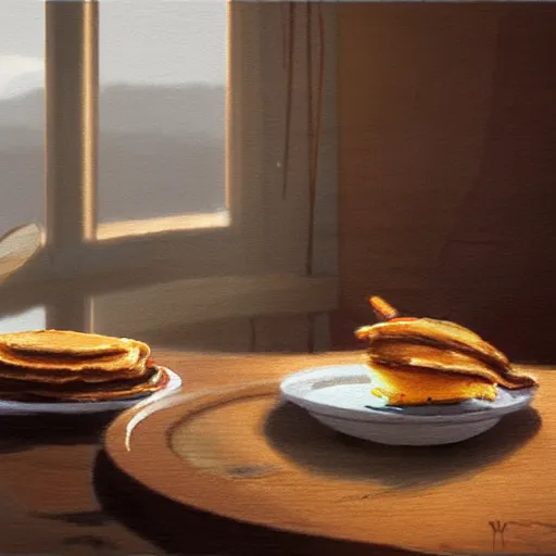 Image similar to concept art painting of a cat eating pancakes, realistic, detailed, cel shaded, in the style of makoto shinkai and greg rutkowski and james gurney