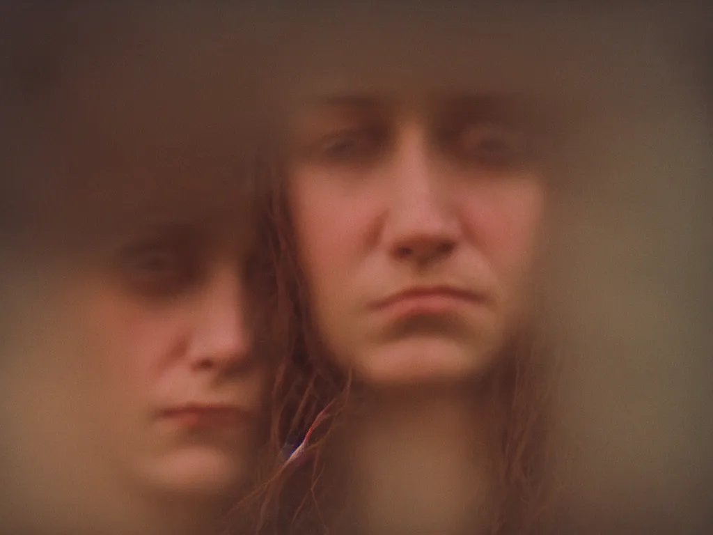 Image similar to close up portrait bust of woman, solemn expression, faded color film, russian cinema, tarkovsky, kodachrome, heavy forest, wood cabin in distance, shallow depth of field, long brown hair, old clothing, heavy fog, atmospheric haze, brown color palette, sunset, low light, hudson river school, 4 k, dramatic lighting