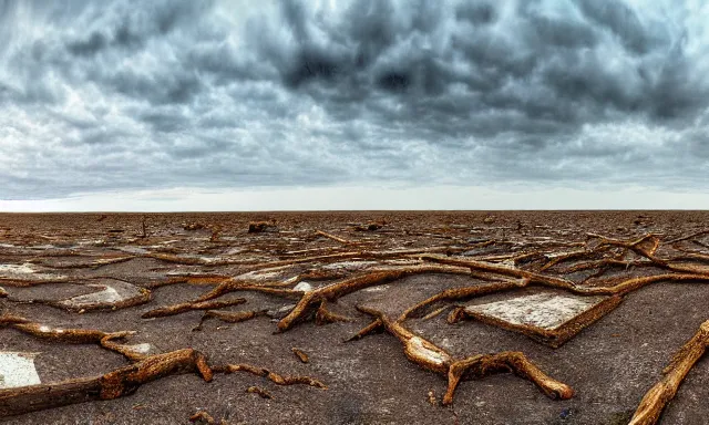 Image similar to panorama of big raindrops flying upwards into the perfect cloudless blue sky from a dried up river in a desolate land, dead trees, blue sky, hot and sunny highly-detailed, elegant, dramatic lighting, artstation, 4k, cinematic landscape, photograph by National Geographic