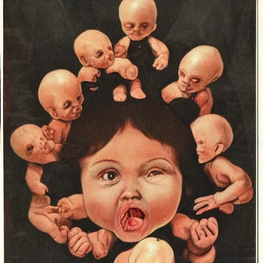 Prompt: a mutant baby with 1 0, 0 0 0 heads